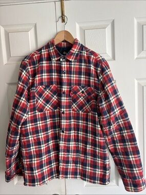 Stussy Plaid Button-Up Flannel Shirt in Red, Navy & Cream, Yellow